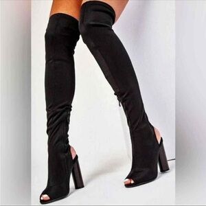 BAMBOO Black Peep-Toe Over-the-Knee Boots